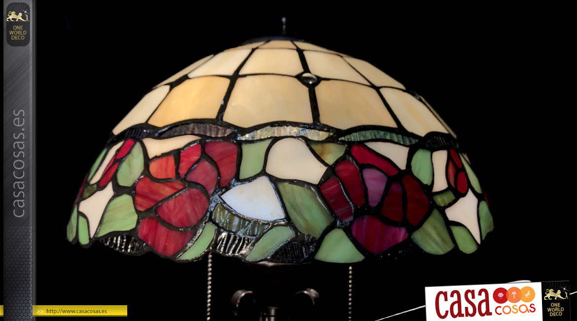 Lámpara de salón Tiffany, representación de un jardín de rosas con flores con base meticulosamente elaborada, Ø35cm