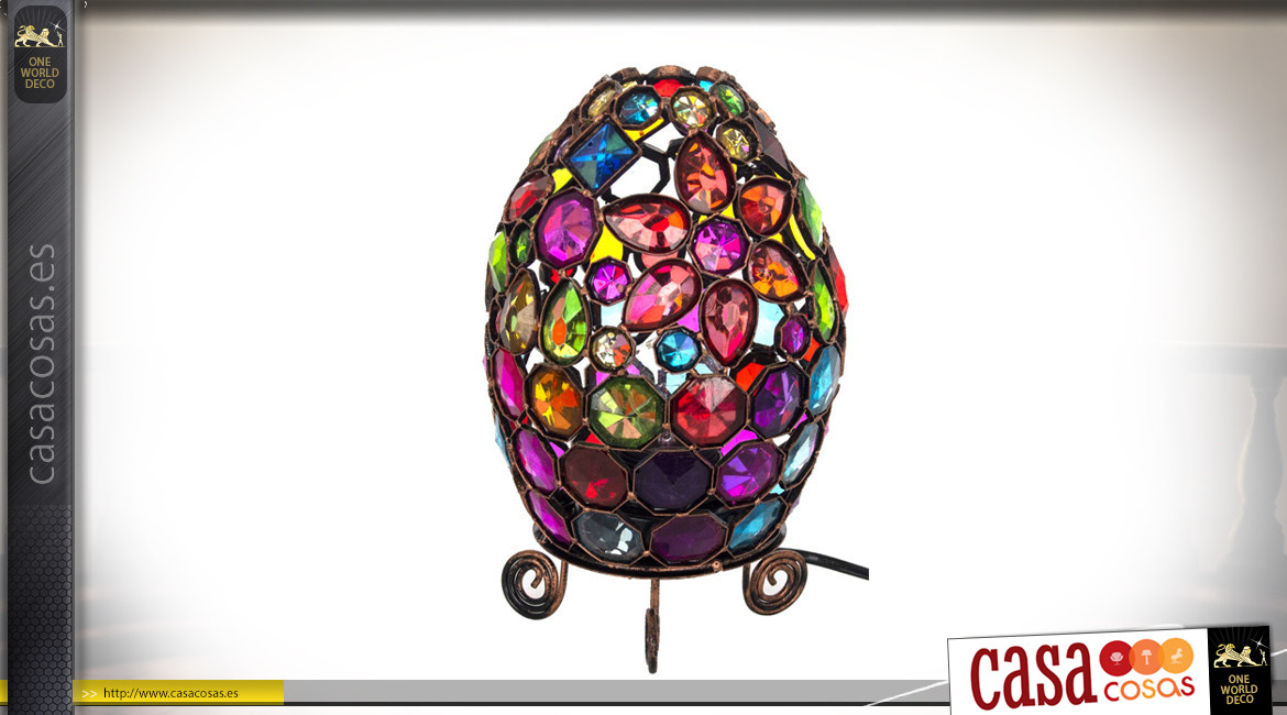 Lámpara de mesa en metal y acrílico, ambiente oriental multicolor, forma de huevo sobre pies, 24cm