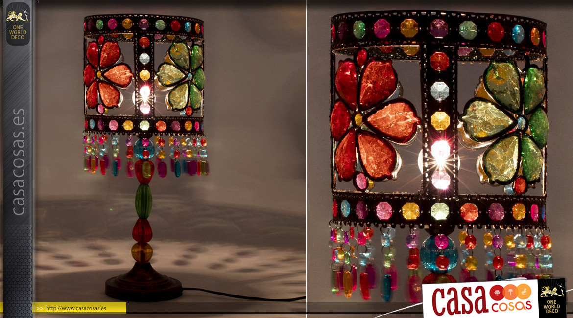 Lámpara de metal de estilo oriental de colores con motivos de flores acrílicas multicolores en la pantalla, 54 cm