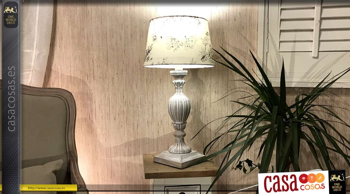 Lámpara de madera tallada con pantalla de algodón estampado 55 cm