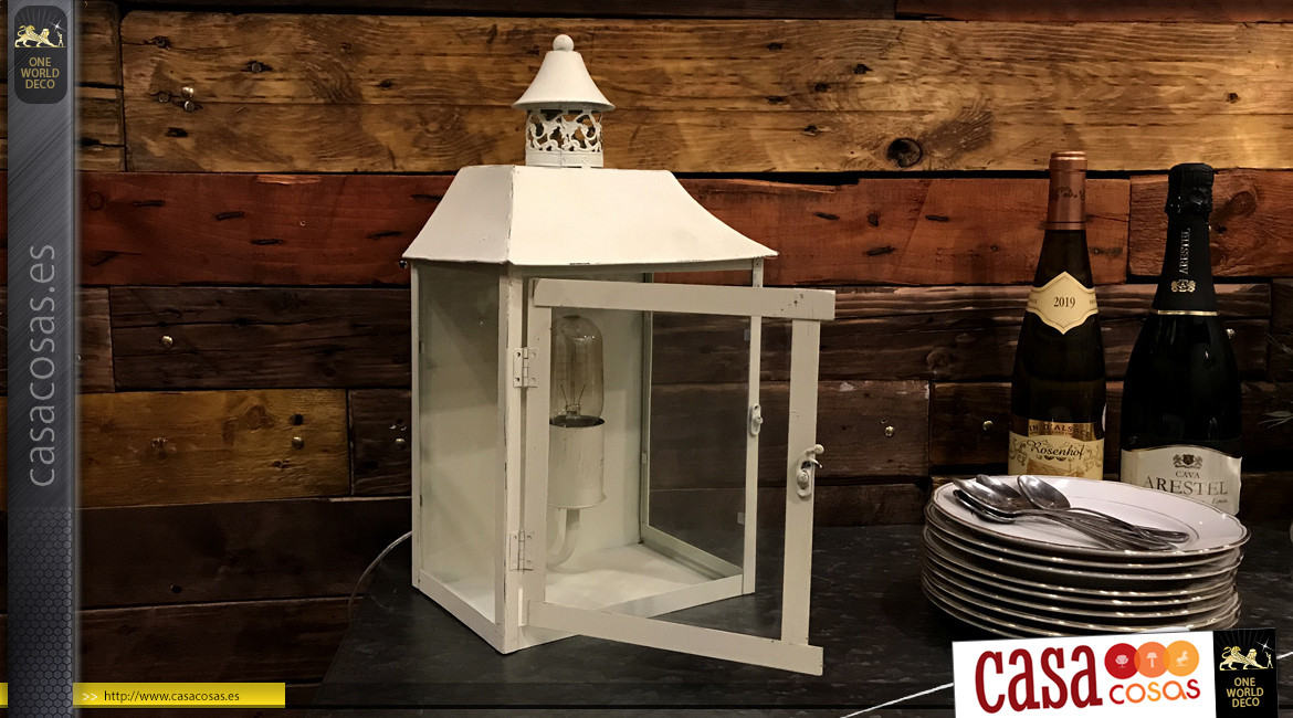 Lámpara de mesa de metal y vidrio con forma de farol, acabado crema envejecido, ambiente de casa de campo, 40cm