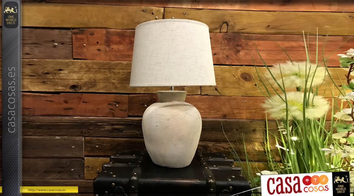 Lámpara de salón de piedra arenisca acabado beige arena, pantalla de algodón claro, 50cm