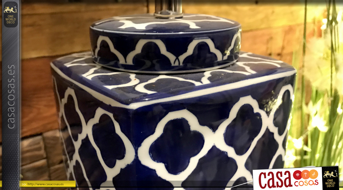 Lámpara de sobremesa decorativa de porcelana, acabado blanco y azul royal, colorido espíritu vintage, 57cm