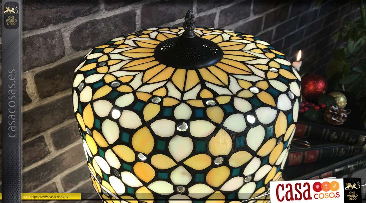 Lámpara estilo Tiffany en vidrio y metal, cúpula en forma de campana de Ø30cm, espíritu colorido y brillante, altura final 52cm