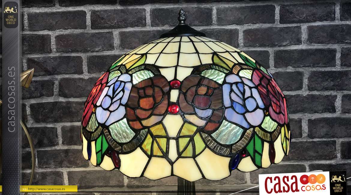 Lámpara estilo Tiffany en vidrio y metal, motivos florales y coloridos, pie con efecto de incrustación de piedra, 60cm
