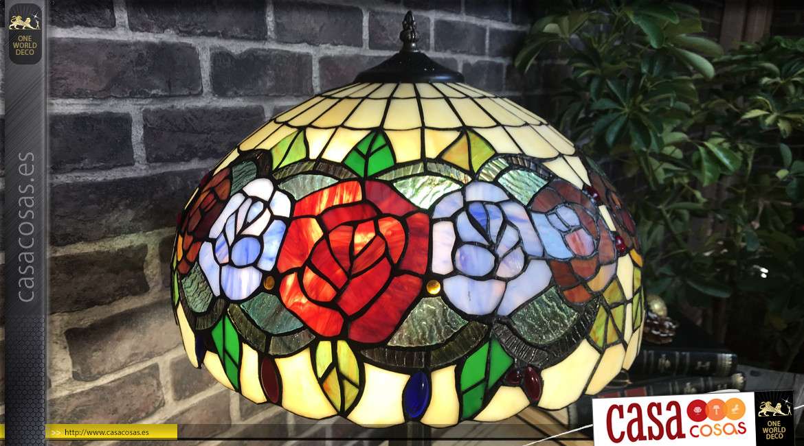 Lámpara estilo Tiffany en vidrio y metal, motivos florales y coloridos, pie con efecto de incrustación de piedra, 60cm