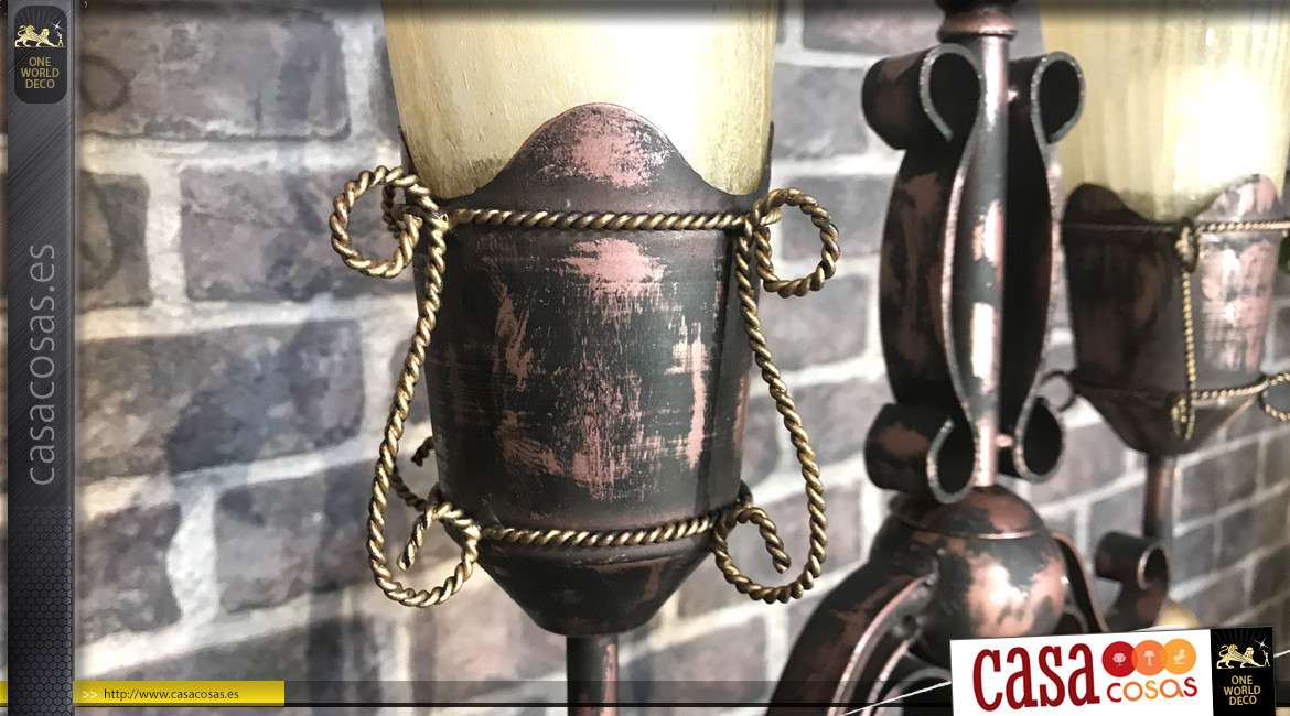 Lámpara grande de metal de 2 luces de estilo medieval, acabado efecto cepillado rosa viejo y negro, espíritu candelabro, 69cm