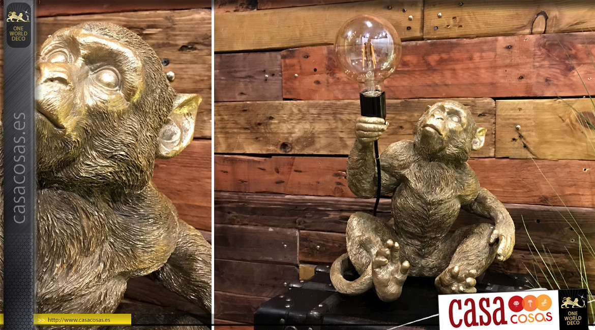 Lámpara moderna y original de resina, forma de mono acabado dorado, 34cm