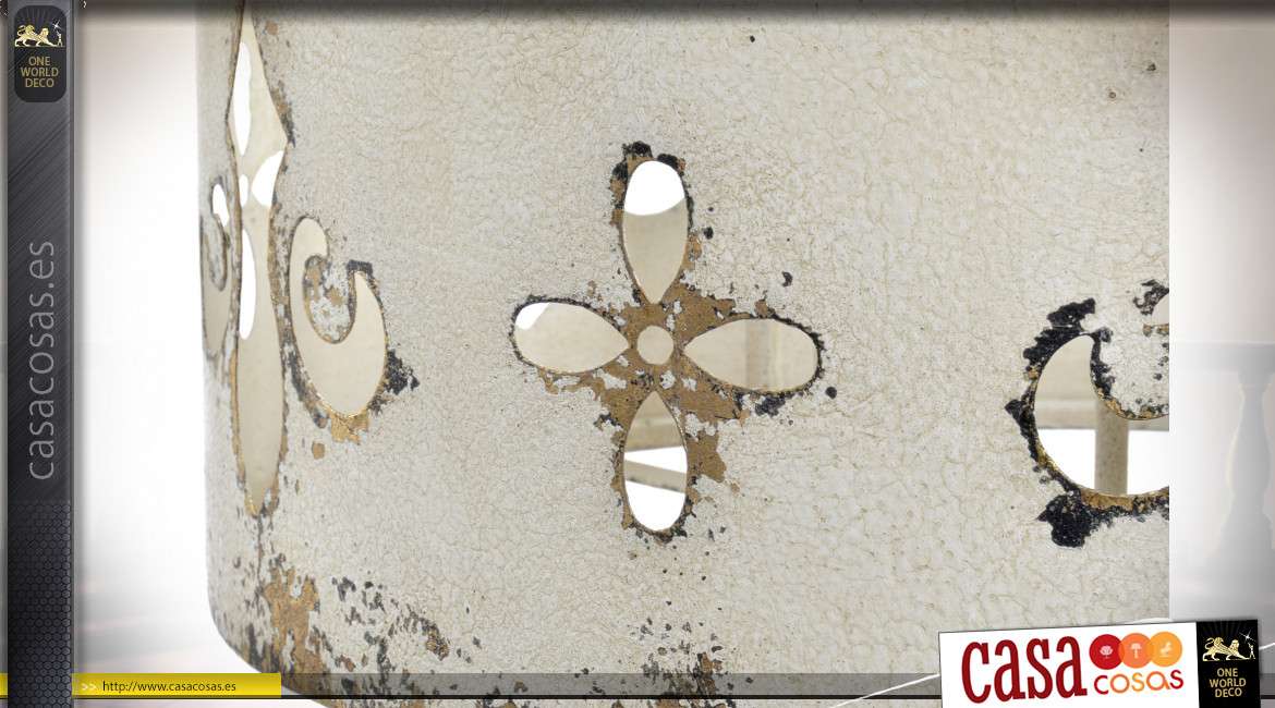 Lampara de techo grande de metal efecto envejecido, acabado crema oxidado con símbolo inspirado en la flor de lis, 98cm