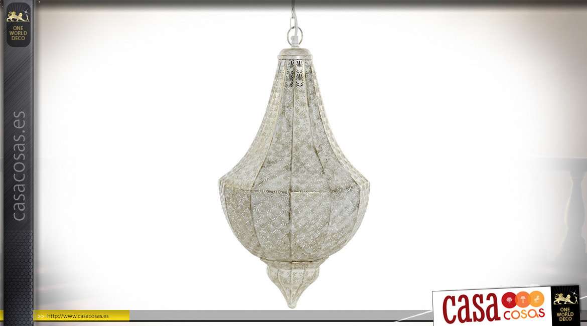 Lámpara colgante de estilo oriental en metal, acabado blanco antiguo con reflejos dorado-plateado, Ø28cm / 67cm alto