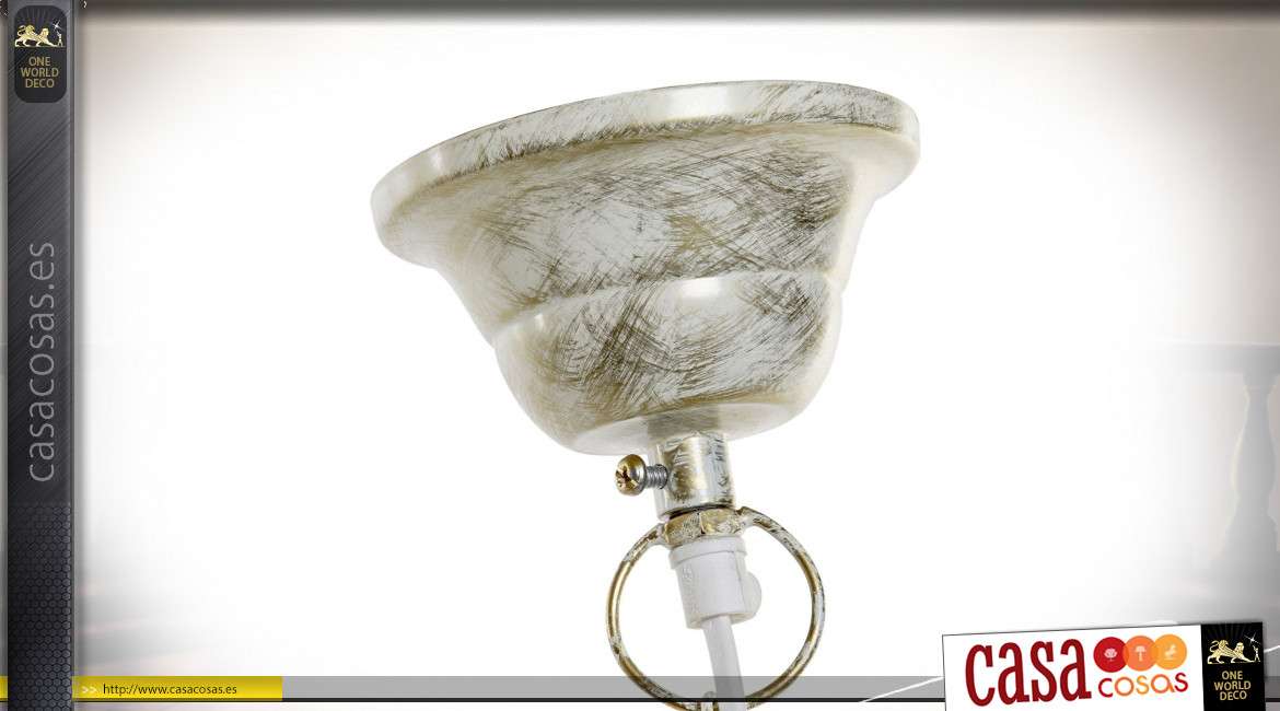 Lámpara colgante de estilo oriental en metal, acabado blanco antiguo con reflejos dorado-plateado, Ø28cm / 67cm alto