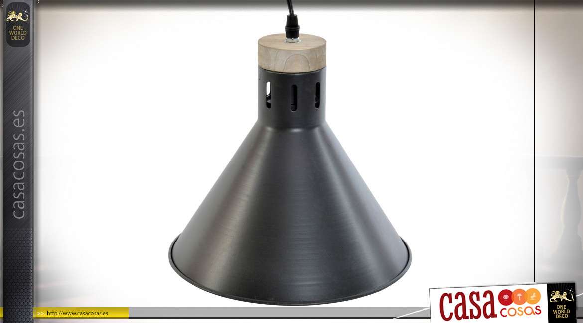 Lámpara colgante de madera y metal con acabado negro mate, forma moderna de campana, 105cm
