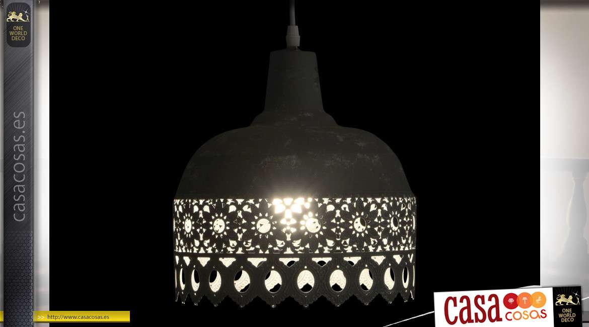 Lámpara colgante de metal de estilo campo antiguo, encaje metálico en acabado zinc blanqueado, Ø25cm