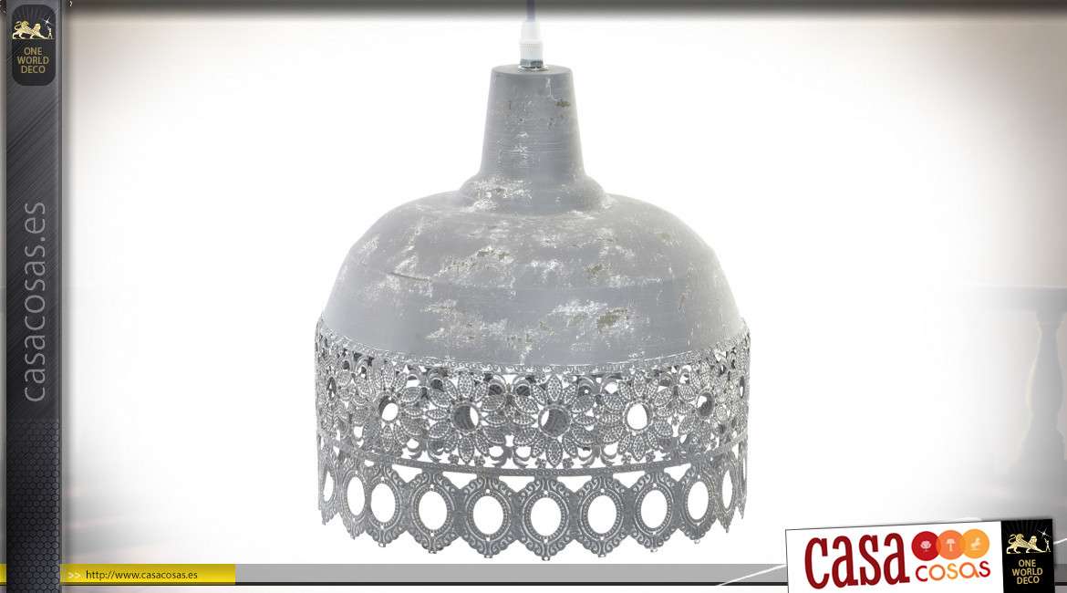Lámpara colgante de metal de estilo campo antiguo, encaje metálico en acabado zinc blanqueado, Ø25cm
