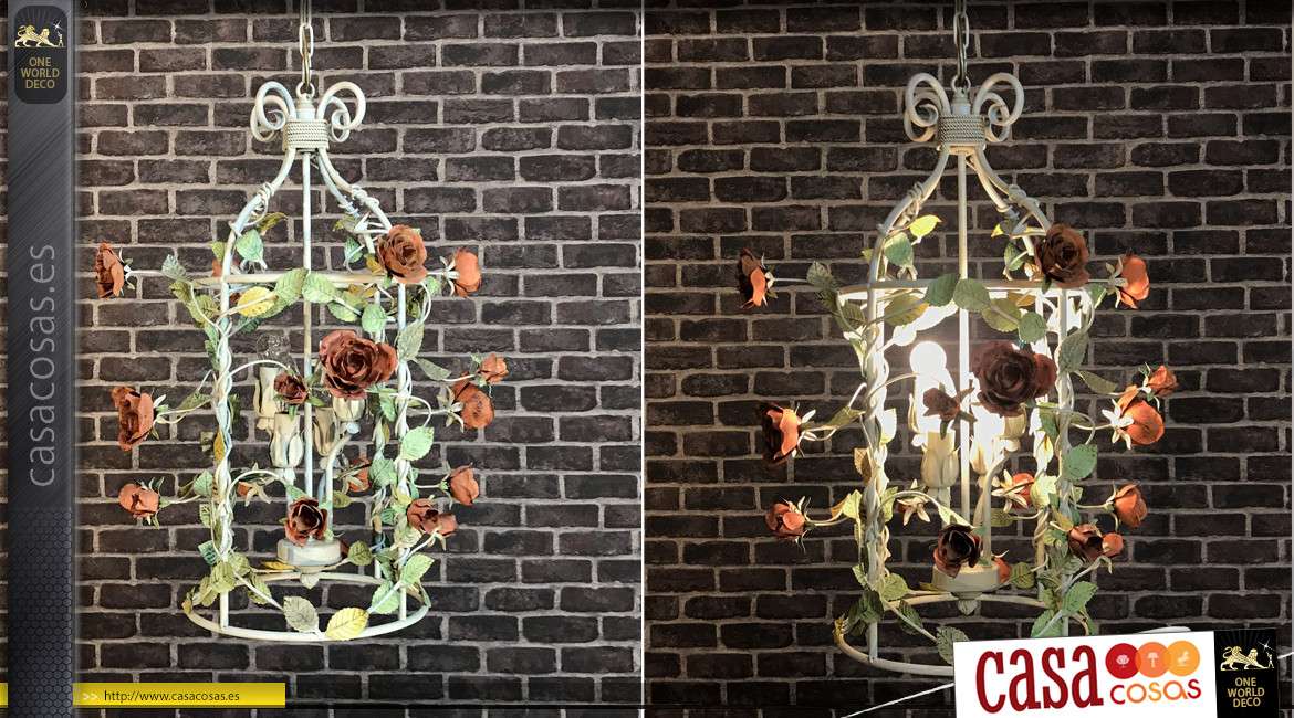 Lámpara colgante jaula de flores de estilo vintage, ramo de 20 rosas con 4 luces en el centro, Ø53cm