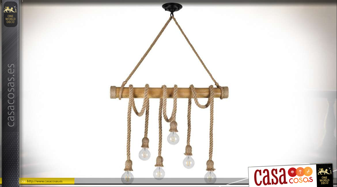 Lámpara colgante rústica en madera y cuerda con seis puntos de luz 96 cm