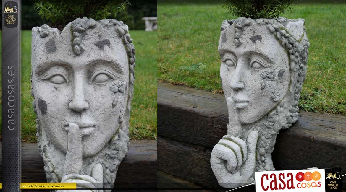Maceta de imitación piedra de cara y mano delante de la boca, 46cm de altura final