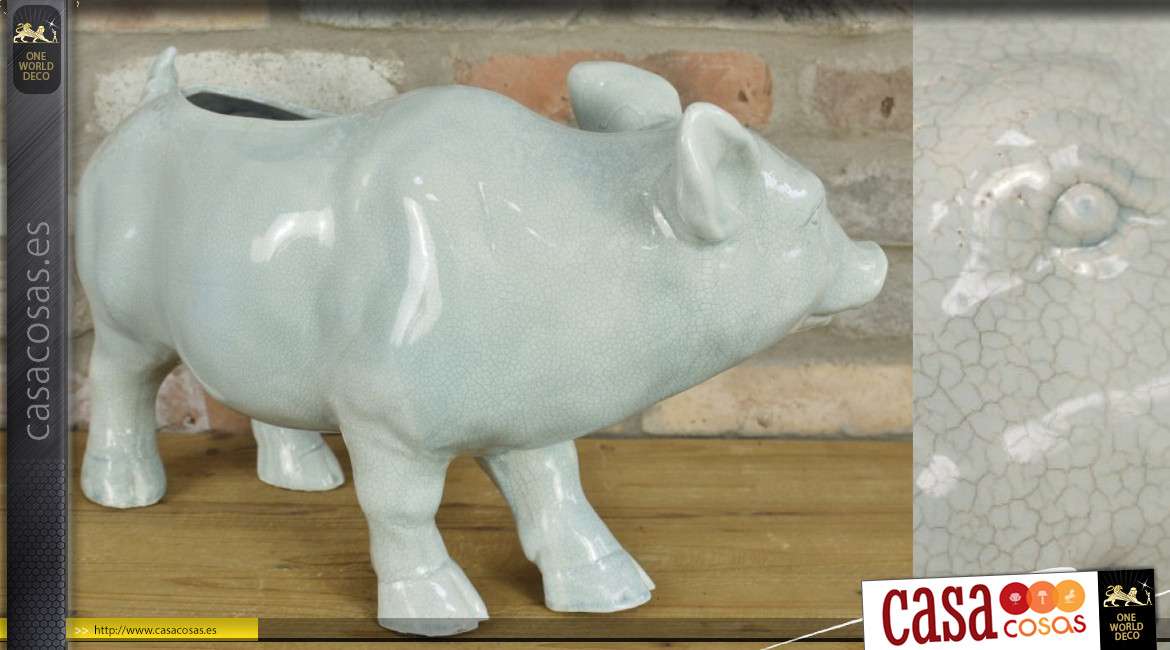 Macetero grande con forma de cerdo de cerámica con acabado blanco azul crepitante
