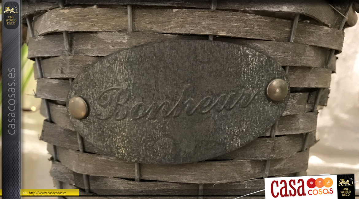 Cesta para maceta de mimbre trenzado, madera y metal, acabados efecto antiguo, estilo country chic, 20cm