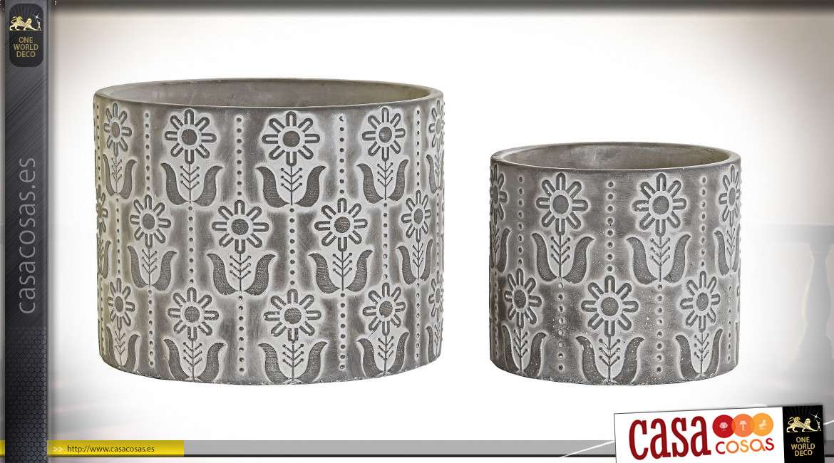 Juego de dos maceteros de cemento antracita y blanqueado, motivos florales estilizados, Ø19cm