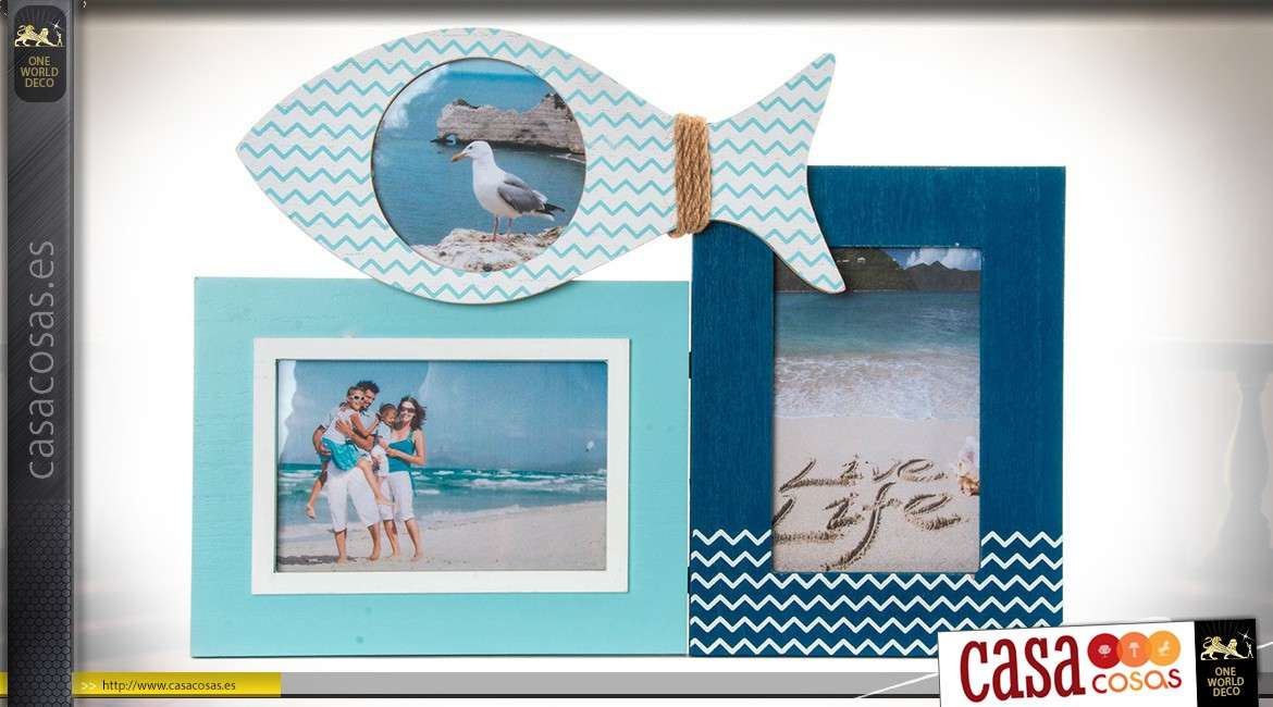 Marco fotos con 3 vistas en madera color azul estilo playa 37 x 27 cm