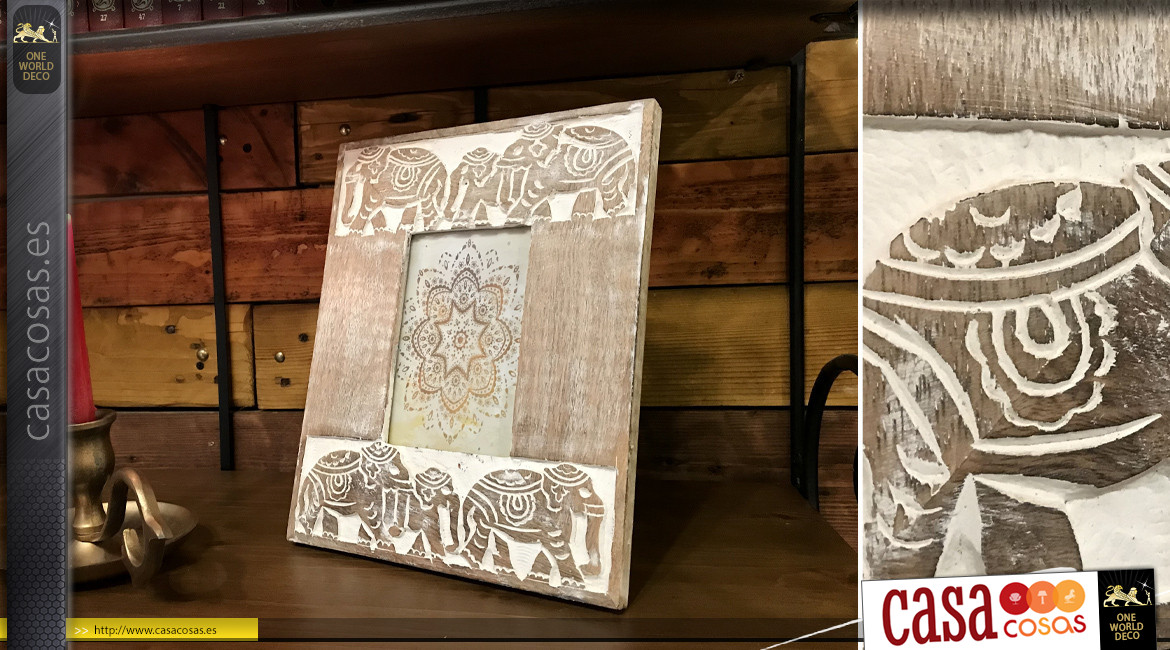 Hermoso marco de madera tallada y envejecida: motivos de elefantes orientales
