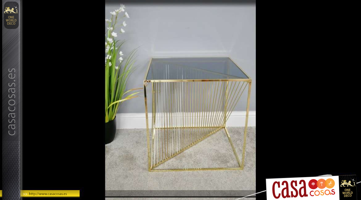 Mesa auxiliar de diseño de metal dorado brillante y vidrio templado ahumado