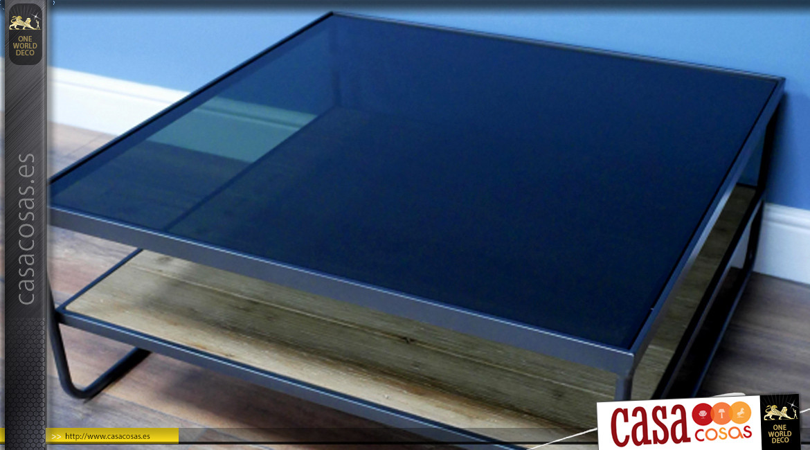 Mesa de centro moderna de metal antracita, tapa en madera de abeto y vidrio grueso, cuadrado de 80 cm