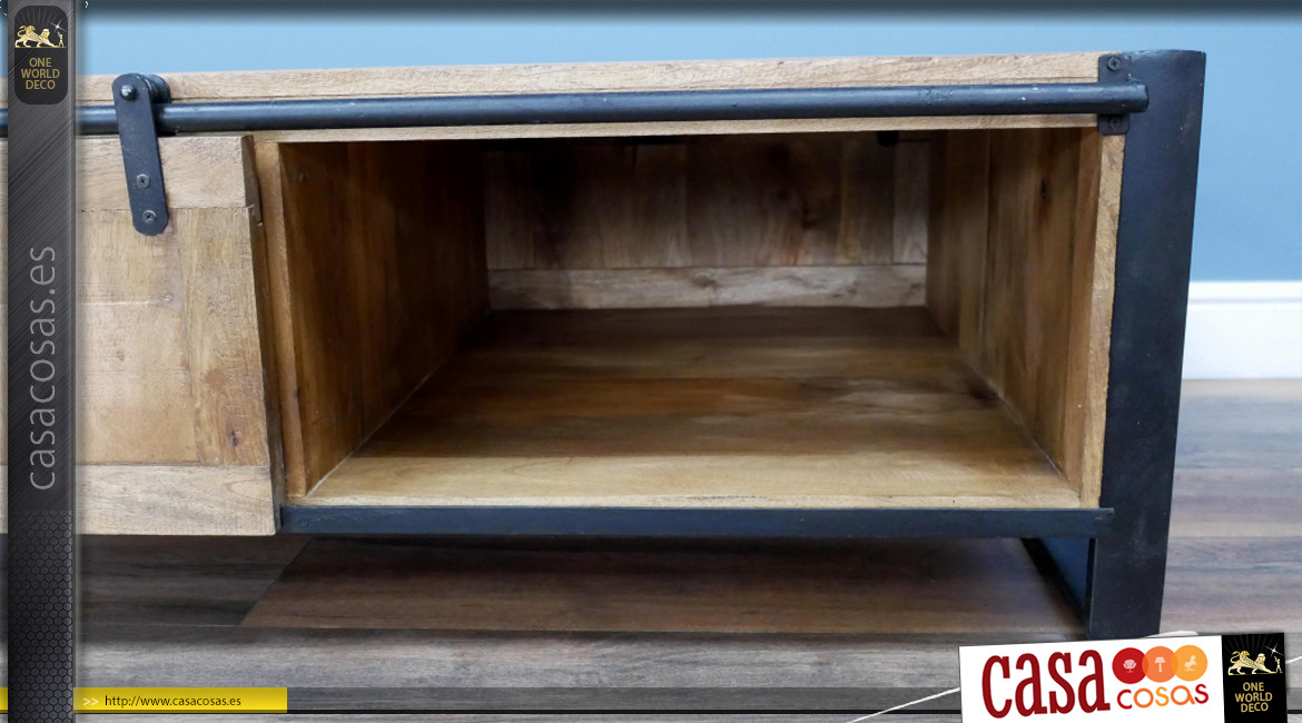 Mesa de centro de madera maciza de mango y metal, almacenaje interior y puerta corredera, 120cm