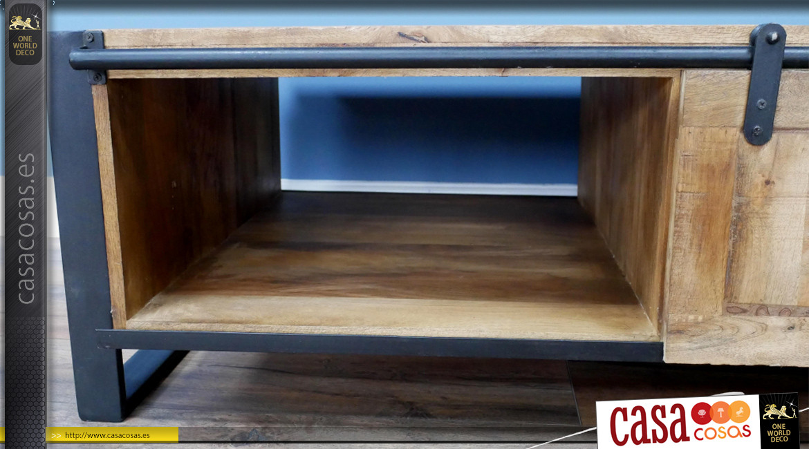 Mesa de centro de madera maciza de mango y metal, almacenaje interior y puerta corredera, 120cm