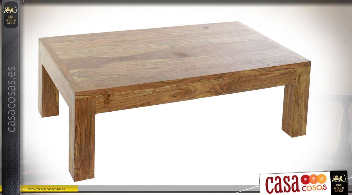 Mesa de centro en madera maciza de acacia, ricamente veteada y texturizada en estilo rústico, 110 cm de largo