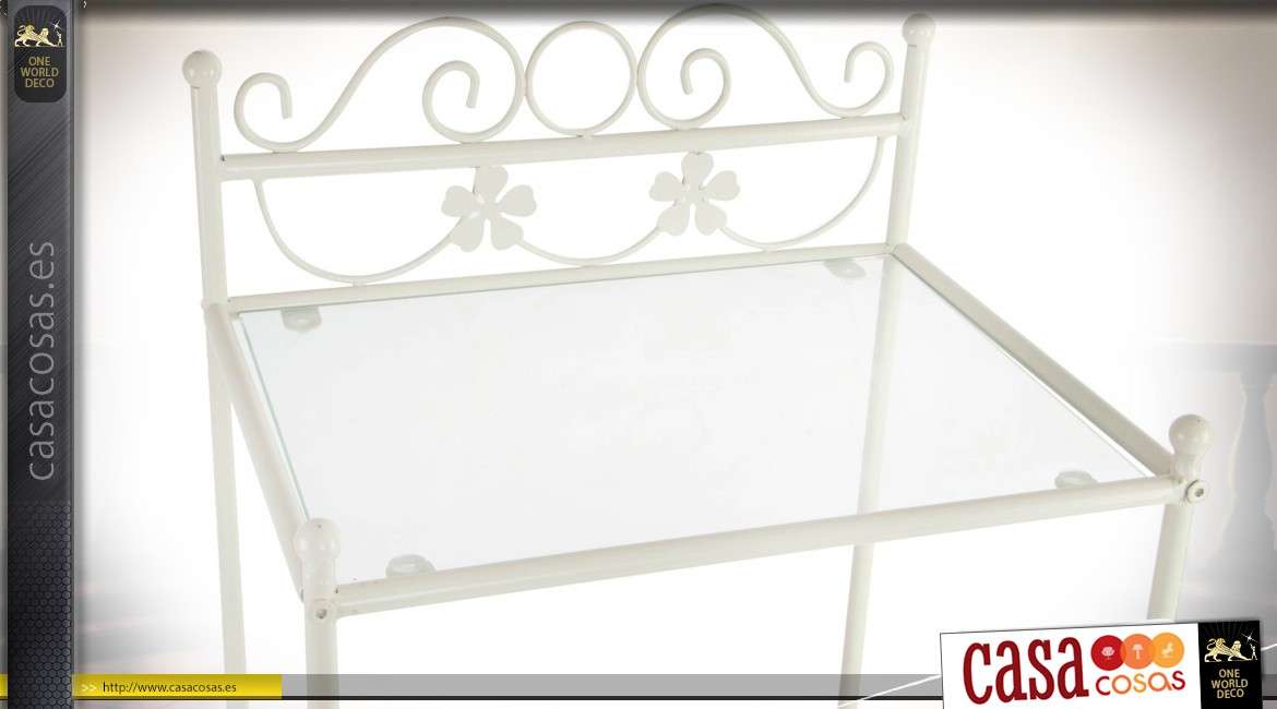 Mesita de noche de metal y vidrio estilo romántico pátina blanca 73 cm