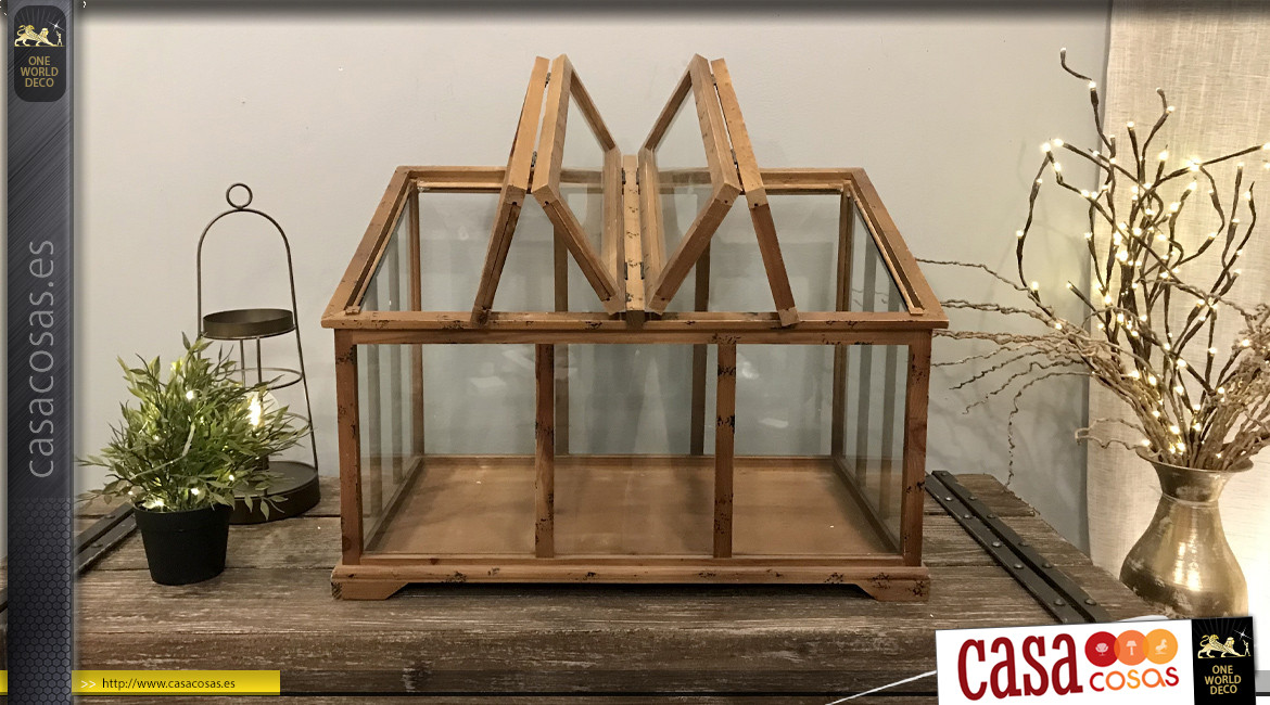 Serie de 5 invernaderos y faroles en madera reciclada, metal y vidrio 60 cm