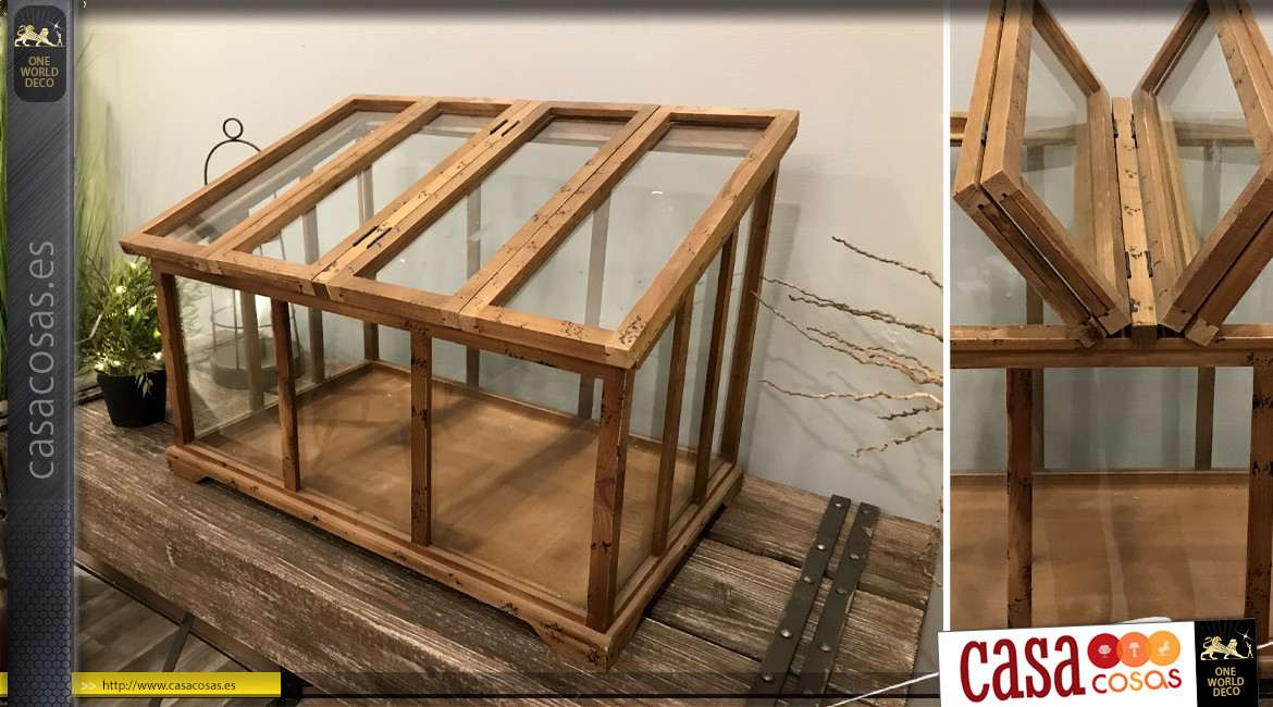 Serie de 5 invernaderos y faroles en madera reciclada, metal y vidrio 60 cm