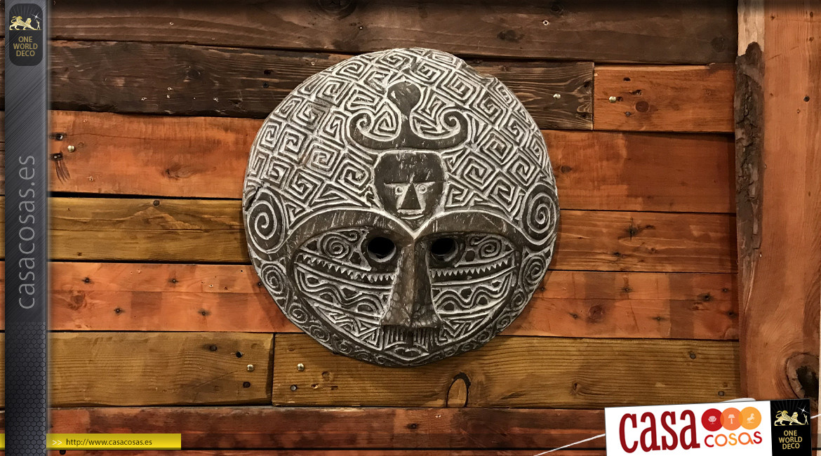 Decoración de pared en madera maciza de suar, máscara africana tallada, acabado blanqueado, Ø43cm
