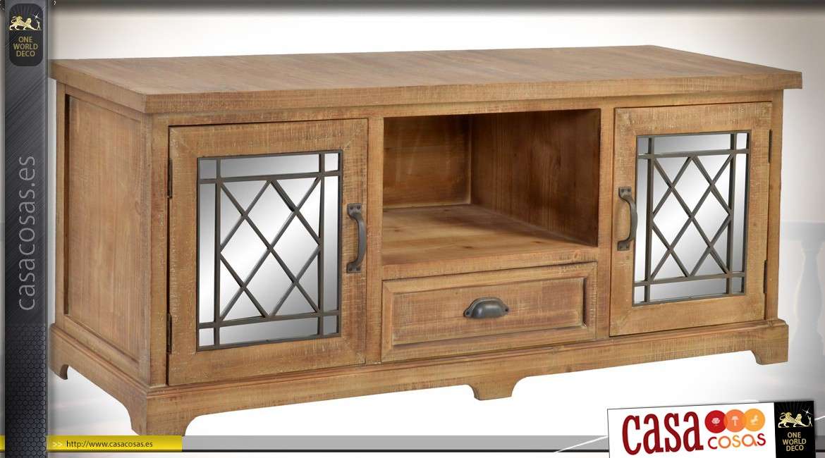 Mueble TV rústico de madera y metal con 2 puertas laterales de 140 cm.