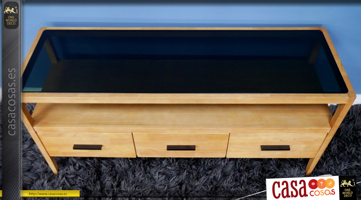Mueble TV moderno y epurado de madera de caucho clara y tapa de cristal ahumado negro, 3 cajones, 120 cm