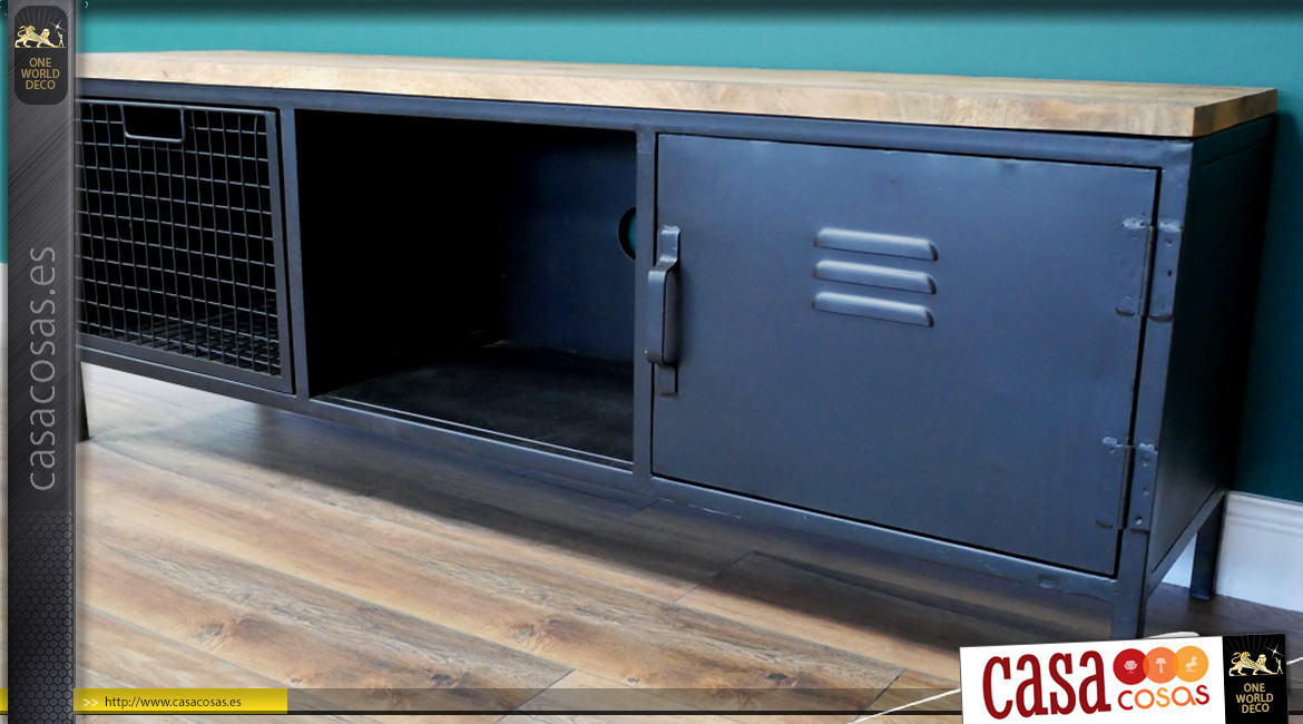 Mueble TV de mango y metal negro carbón, ambiente industrial con cajón de rejilla, 160 cm