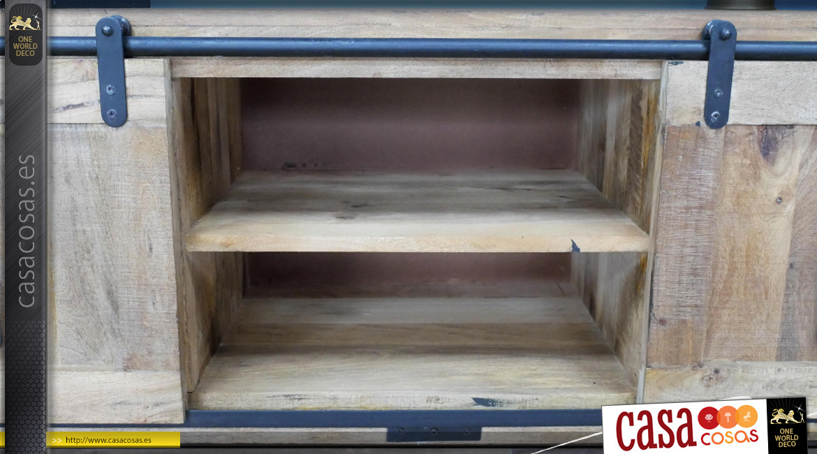 Mueble de TV de madera de mango macizo, puerta corredera sobre riel de hierro fundido, patas de metal negro, 160 cm