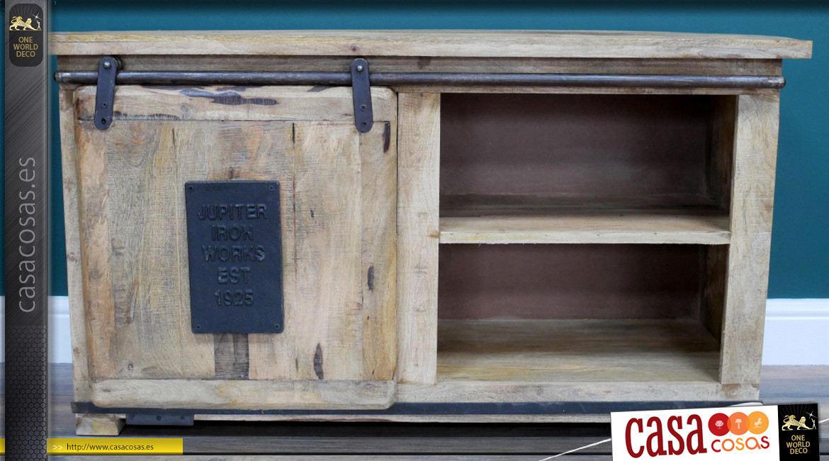 Mueble de TV y puerta corredera de mango macizo, placa frontal de hierro fundido grabado, 110 cm