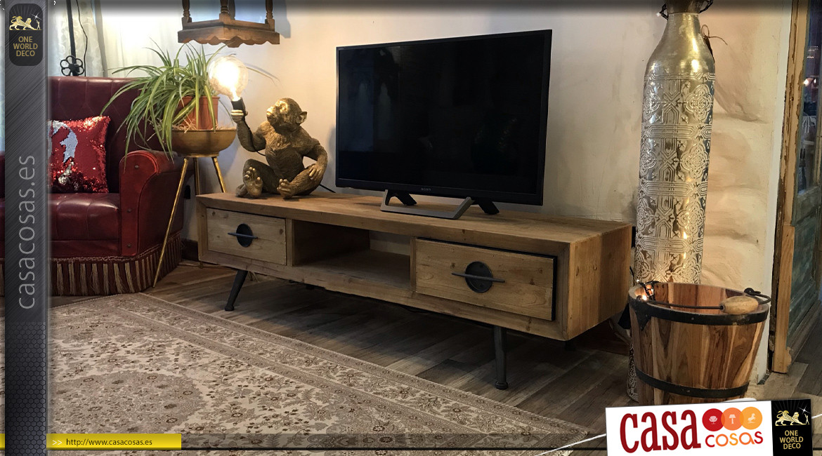 Mueble TV en madera de abeto y metal acabado natural, 2 cajones, 140cm