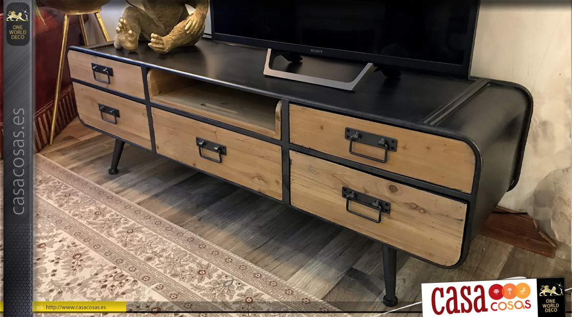 Mueble TV en madera de abeto y metal antracita, estilo retro, 134cm