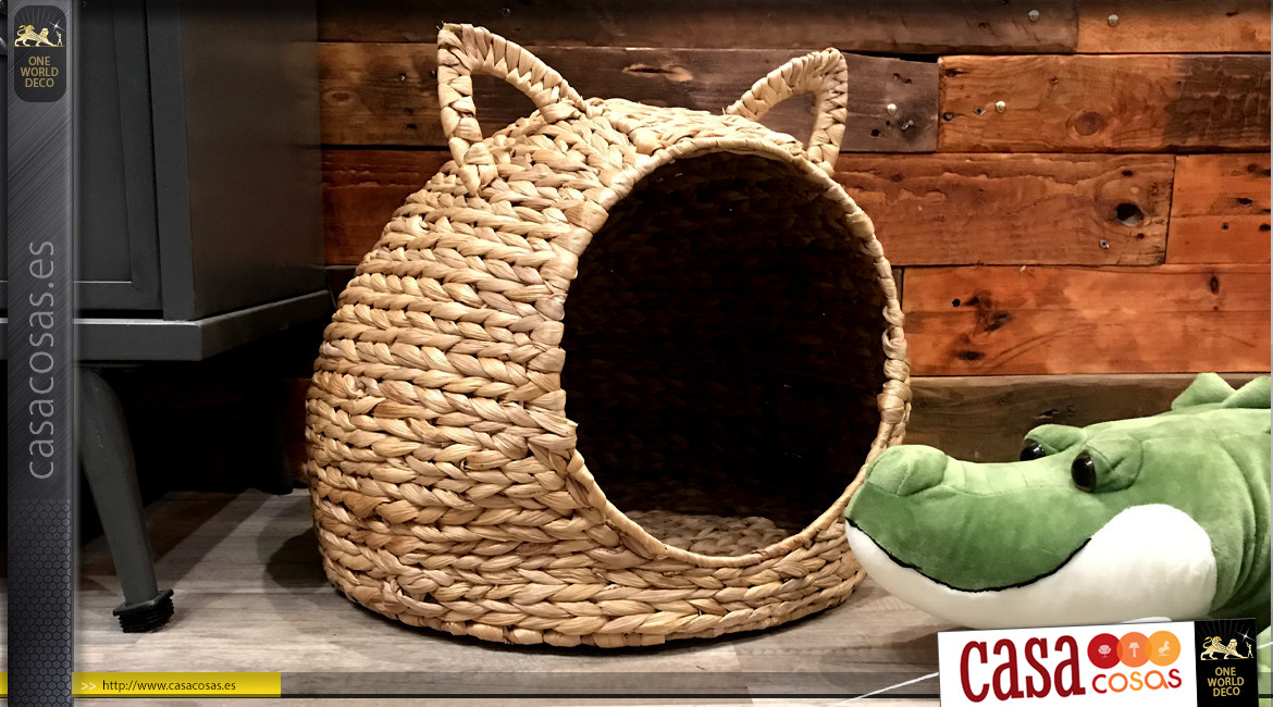 Nicho en jacinto tejido acabado natural, para gato / perro pequeño, forma redonda con orejas, Ø44cm