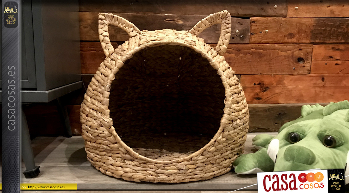 Nicho en jacinto tejido acabado natural, para gato / perro pequeño, forma redonda con orejas, Ø44cm