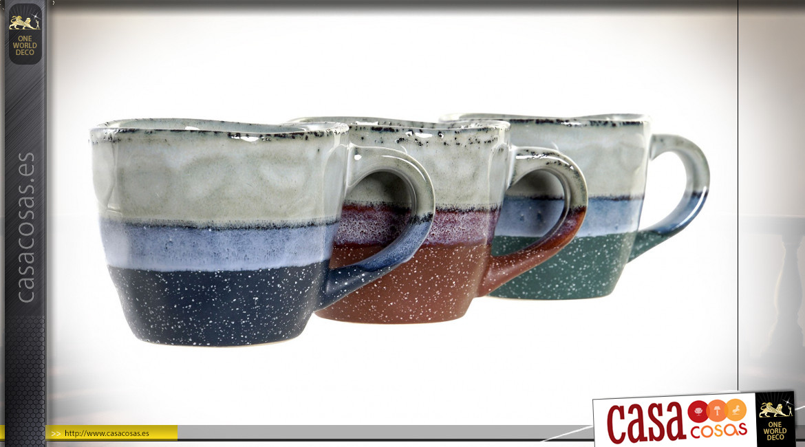 Juego de 3 tazas de gres cerámica estilo antiguo, colores efecto desgastado, 240ml