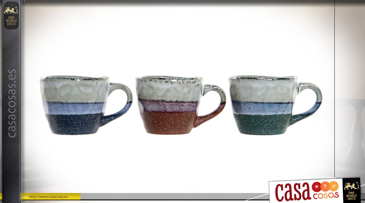 Juego de 3 tazas de gres cerámica estilo antiguo, colores efecto desgastado, 240ml