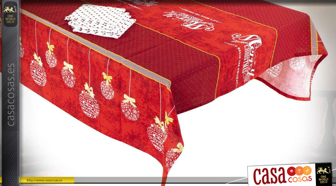 Mantel grande de algodón con motivos navideños, ambiente festivo rojo, 250x150cm