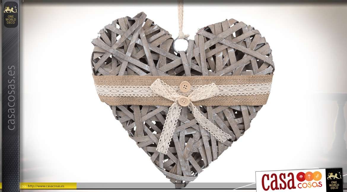 Colgante decorativo con forma de gran corazón de mimbre envejecido y cintas de 30 cm.