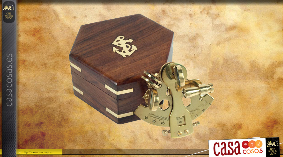 Reproducción de sextante de bolsillo en latón dorado con caja de madera maciza, 7cm