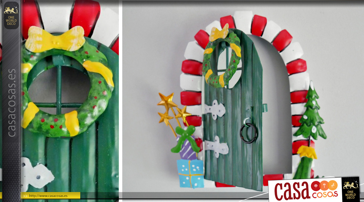 Puerta del ratoncito Perez, de metal de color, ambiente navideño y guirnalda, 15cm